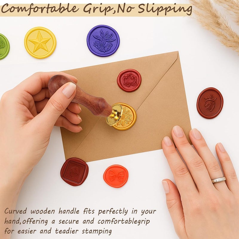 Ceemiaa Vintage Wax Seal Stamp Set – 20-Piece Classic Seal Heads with Wooden Handle for Invitations, Letters, Gift Wrapping & More (Assorted Designs) - Image 3